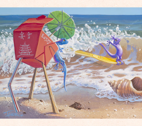In the left panel of his triptych series, Tom Thordarson paints a sporty gecko using a discarded plastic utensil as surfboards while a gecko lifeguard seated in an old Chinese food box looks on.