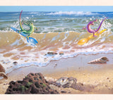 In the center panel of his triptych series, Tom Thordarson paints sporty geckos using discarded plastic utensils as surfboards.