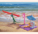 In the right panel of his triptych series, Tom Thordarson paints sporty geckos using discarded plastic utensils as surfboards.