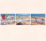 In this triptych gecko art, Tom Thordarson paints sporty geckos using discarded plastic utensils as surfboards.