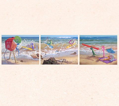 In this triptych gecko art, Tom Thordarson paints sporty geckos using discarded plastic utensils as surfboards.