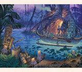 Tiki artist Tom Thordarson paints a creative scene of tikis around a mysterious magical inlet at dusk.